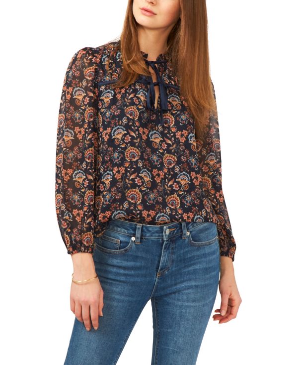 1.state Women's Long Sleeve Ruched Yoke Tie Neck Blouse - Chintz Vines