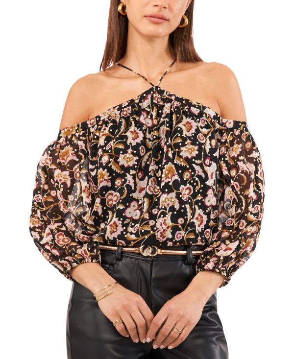 1.state Women's Printed High-Neck Long-Sleeve Blouse - Rich Black
