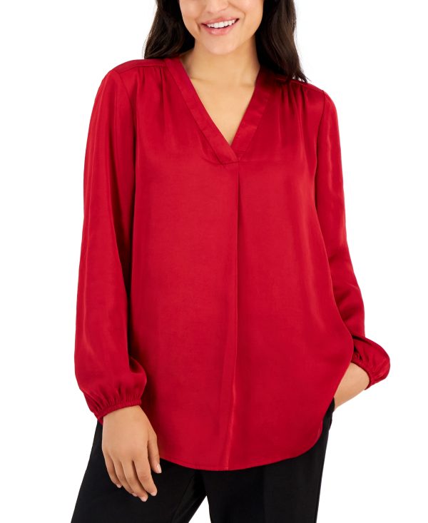Ak Anne Klein Petite Long-Sleeve V-Neck Pleated-Front Blouse - Titian Red Solid