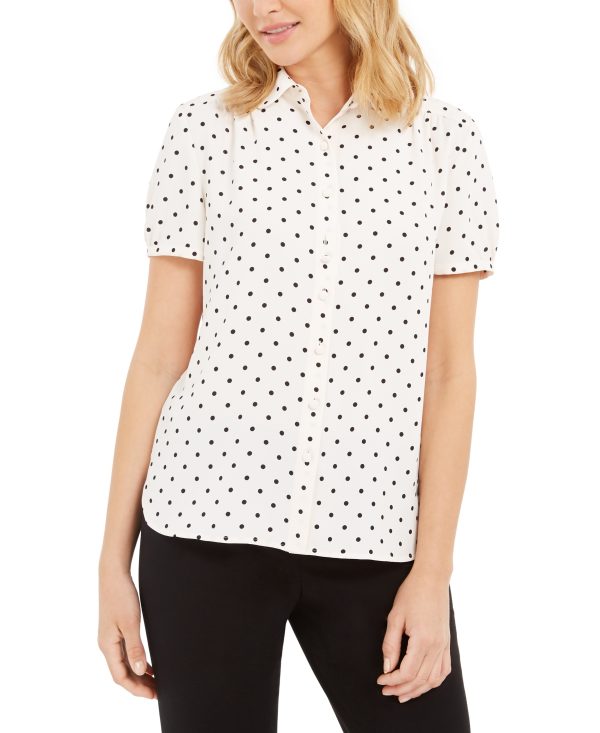 Anne Klein Dot-Print Button-Up Short-Sleeve Blouse - White/Black