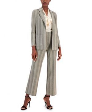 Anne Klein Womens Chevron Knit Pull On Pants Tie Neck Blouse Open Front Blazer