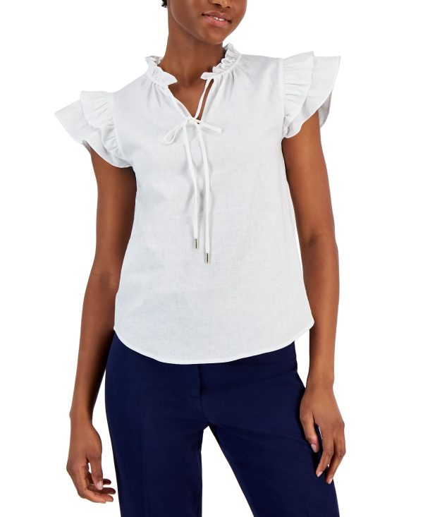 Anne Klein Women's Linen Ruffle-Sleeve Tie-Neck Blouse - Bright White