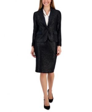 Anne Klein Womens Sequin One Button Blazer Tie Neck Blouse Sequin Pencil Skirt
