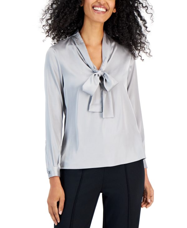 Anne Klein Women's Solid Tie-Neck Long-Sleeve Blouse - Atlantic Gray