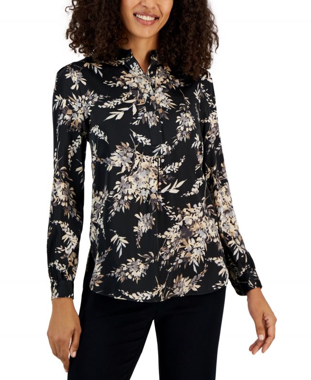 Anne Klein Women's The Poet Printed Satin Blouse - Anne Black/atlantic Gray Multi