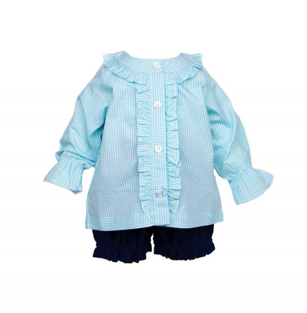 Baby Girl Gingham Ruffle Blouse Set, Two Piece Set - Mint Navy