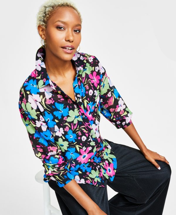 Bar Iii Petite Chiffon Button-Up Blouse, Created for Macy's - Feathered Floral
