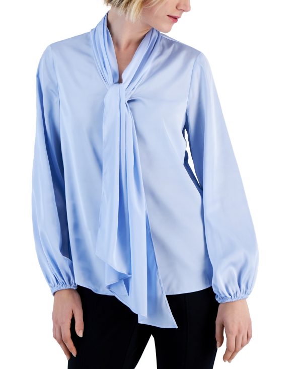 Bar Iii Women's Bow-Tie Long-Sleeve Blouse, Created for Macy's - Blue Salt