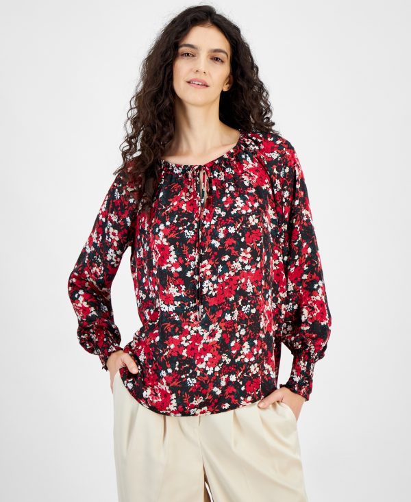 Bar Iii Women's Floral-Print Peasant Blouse, Created for Macy's - Black Multi