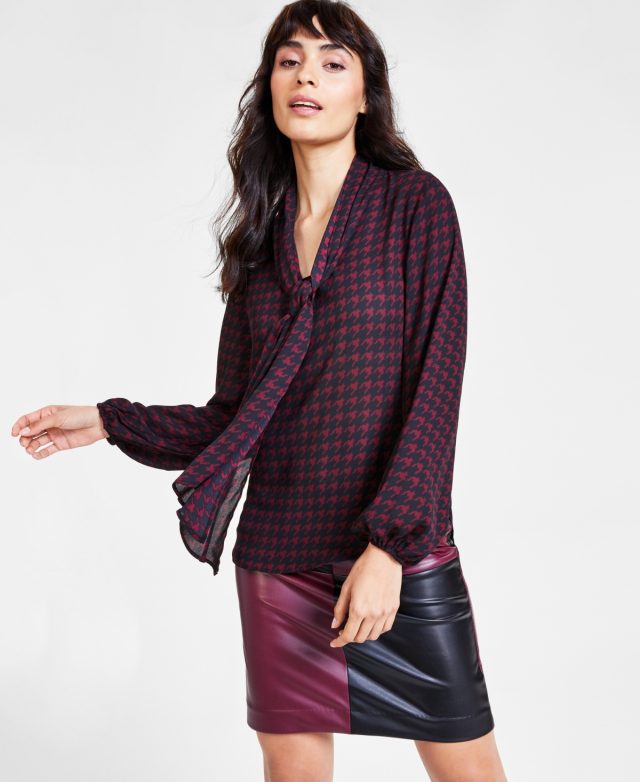 Bar Iii Women's Houndstooth Tie-Neck Long-Sleeve Blouse, Created for Macy's - Black/Carrubo
