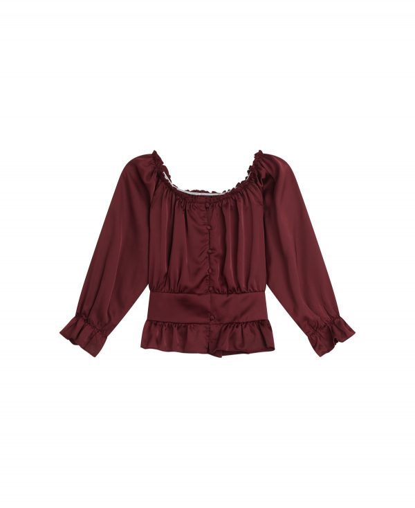 Beautees Big Girls Long Sleeve Faux Button Satin Peasant Blouse Top - Wine