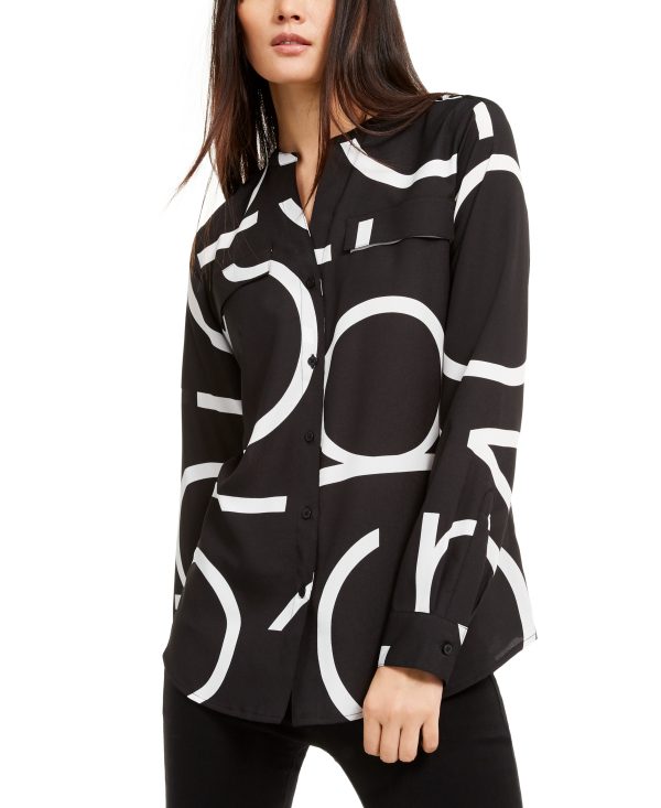 Calvin Klein Long Sleeve Logo Button Front Blouse - Black/White