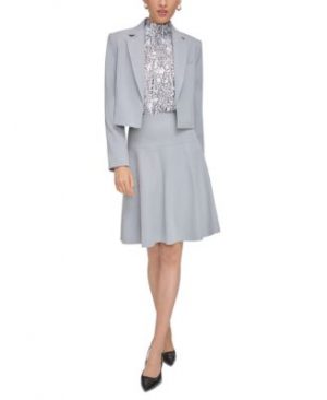 Calvin Klein Petite Cropped Open Front Jacket Abstract Print Mock Neck Ruffle Sleeve Blouse Knee Length Side Zip Skirt