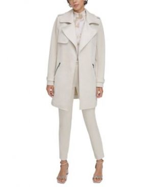 Calvin Klein Petite Faux Suede Open Front Trench Jacket Smocked Neck Flutter Sleeve Blouse Faux Suede Skinny Leg Pants