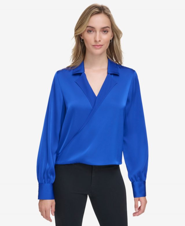 Calvin Klein Women's Long-Sleeve Faux-Wrap Blouse - Klein Blue