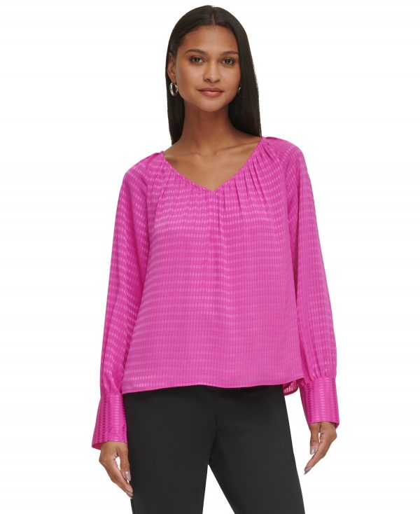Calvin Klein Women's Long Sleeve Textured V-Neck Blouse - Shocking Pink