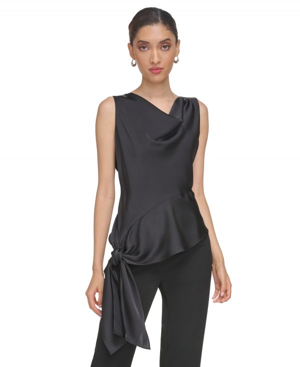Calvin Klein Women's Sleeveless Asymmetrical Tie-Hem Blouse - Black