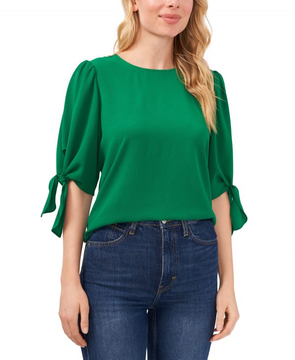 CeCe Women's Bow-Detail Puff-Sleeve Elbow Sleeve Blouse - Lush Green