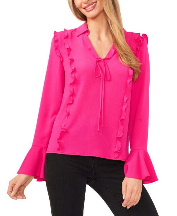 CeCe Women's Collared V-Neck Ruffled Blouse - Pink Peacock