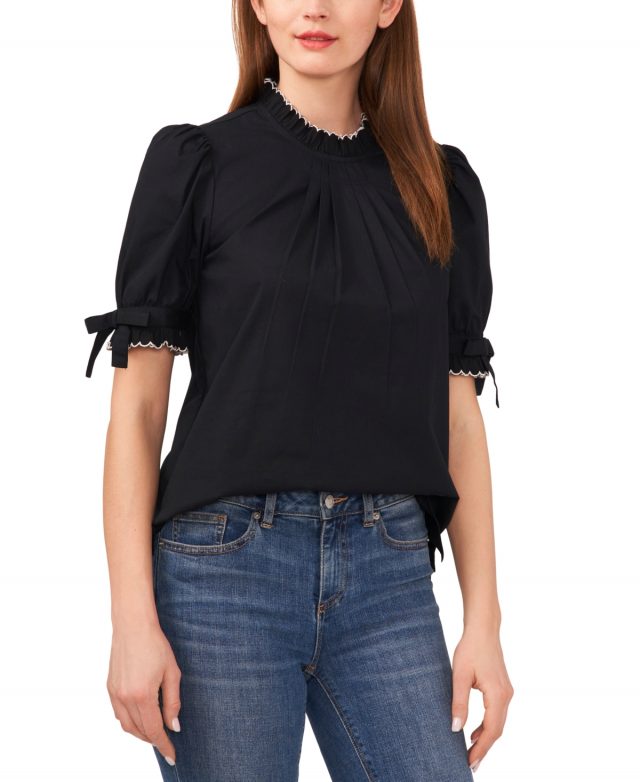 CeCe Women's Cotton Ruffled Bow Sleeve Mock Neck Blouse - Rich Black