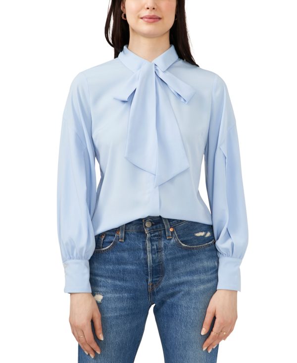 CeCe Women's Long Sleeve Button-Up Bow Neck Blouse - Icy Blue