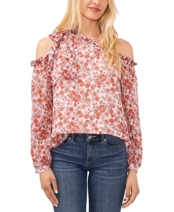 CeCe Women's Long Sleeve Cold-Shoulder Bow Floral-Print Blouse - Barely Pink