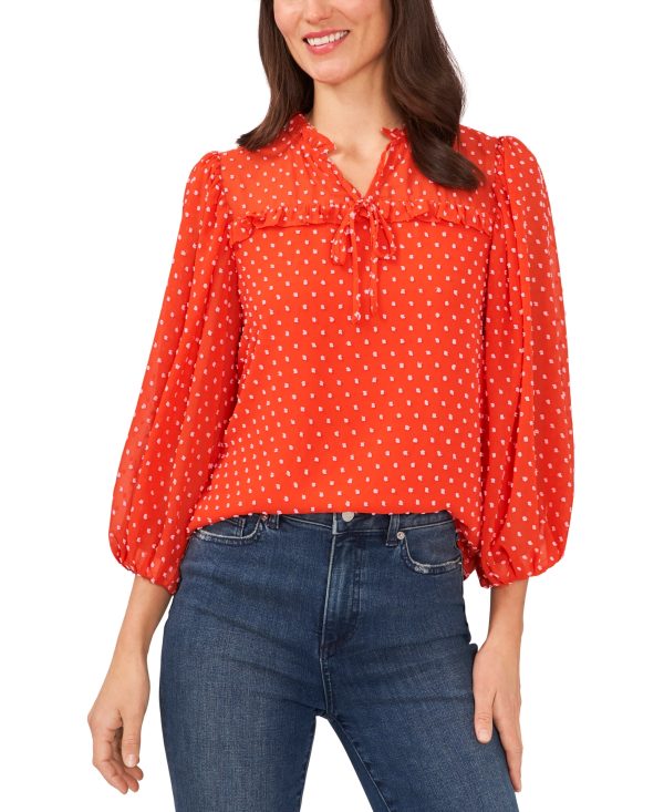CeCe Women's Long Sleeve Contrast Clip-Dot Pleated Blouse - Orange Flame