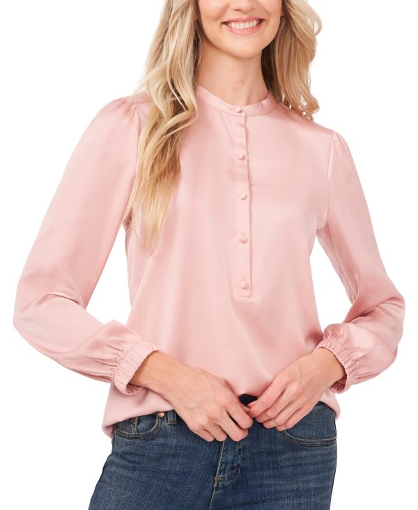CeCe Women's Long Sleeve Crew Neck Button-Up Blouse - Misty Pink