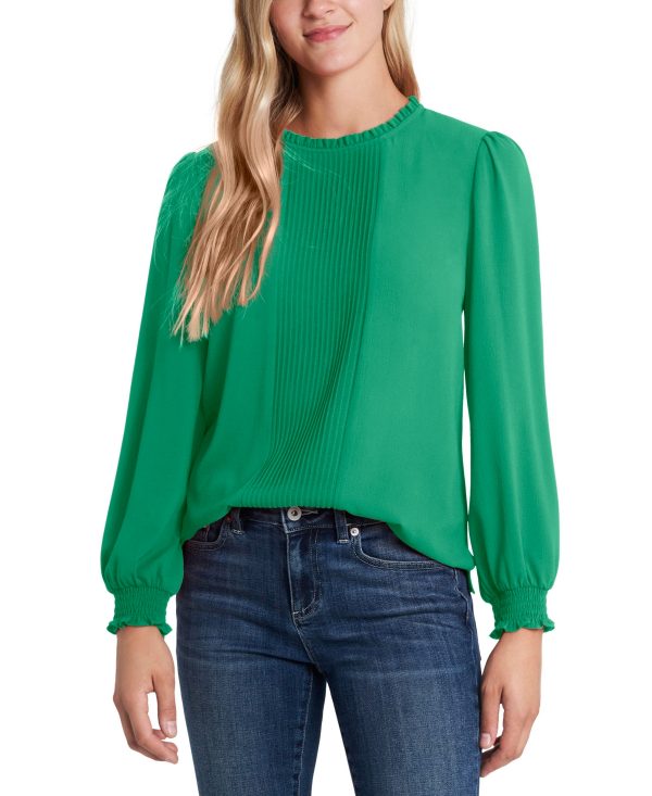 CeCe Women's Long Sleeve Smocked Cuff Pin-Tuck Front Blouse - Lush Green