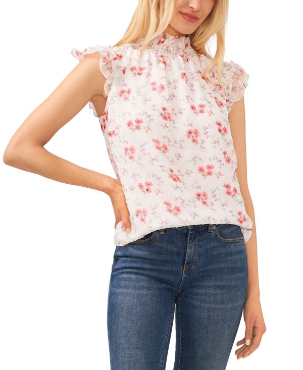CeCe Women's Mock-Neck Flutter-Sleeve Floral-Print Blouse - Ultra White