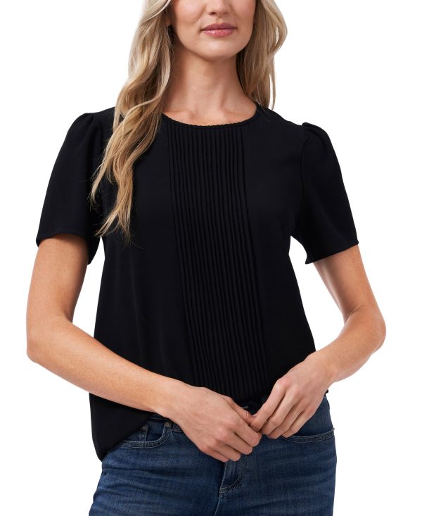 CeCe Women's Pin Tucked Front Short Sleeve Crew Neck Blouse - Rich Black