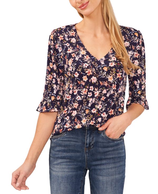 CeCe Women's Printed Ruffled-Cuff V-Neck Blouse - Classic Navy