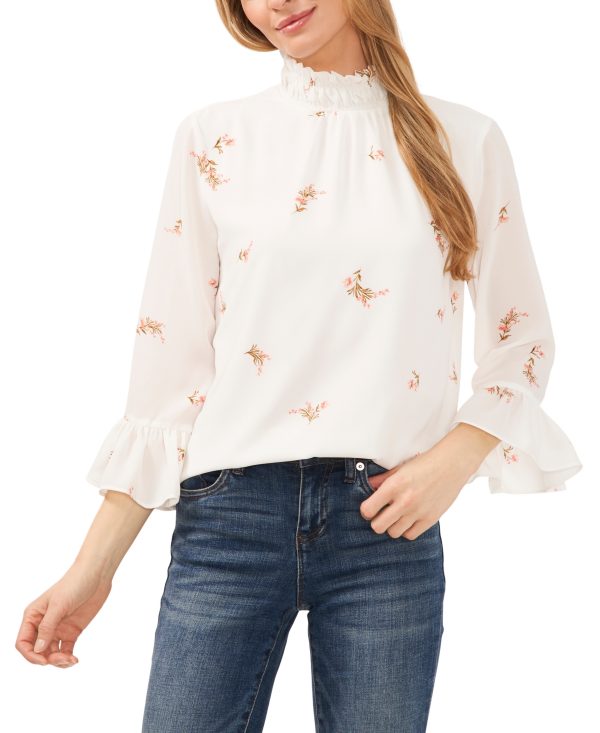CeCe Women's Ruffled Smock-Neck Floral-Print Blouse - New Ivory