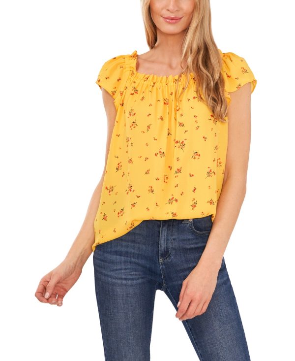 CeCe Women's Ruffled Square Neckline Floral-Print Blouse - Saffron Yellow