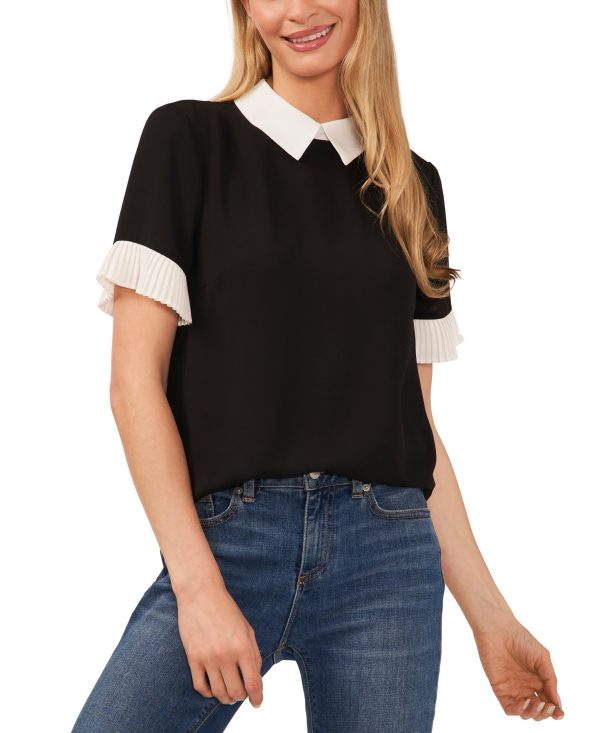 CeCe Women's Short Sleeve Color Blocked Collared Blouse - Rich Black
