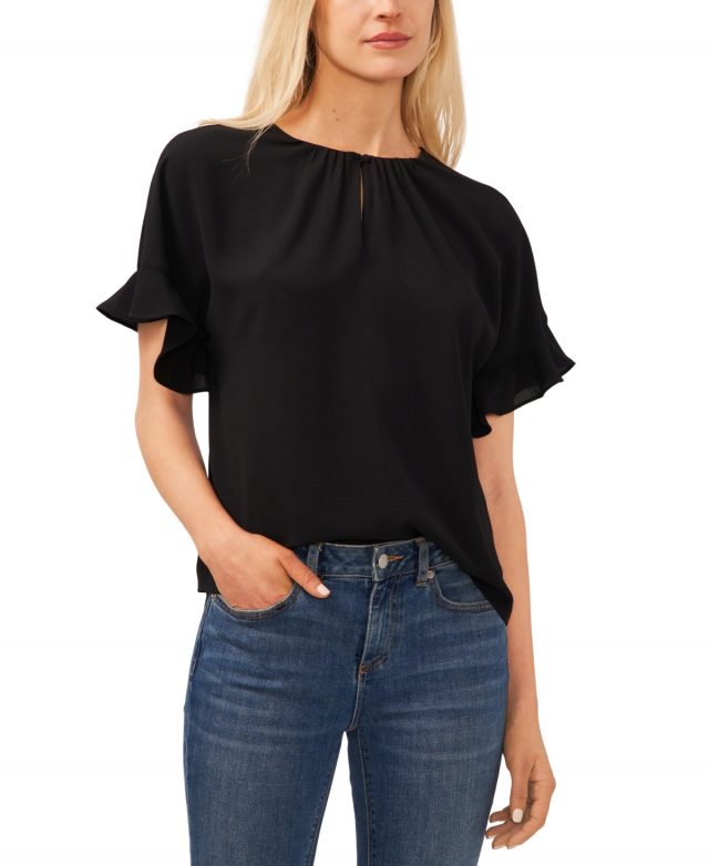 CeCe Women's Short Sleeve Drop-Shoulder Wide Scoop-Neck Blouse - Rich Black