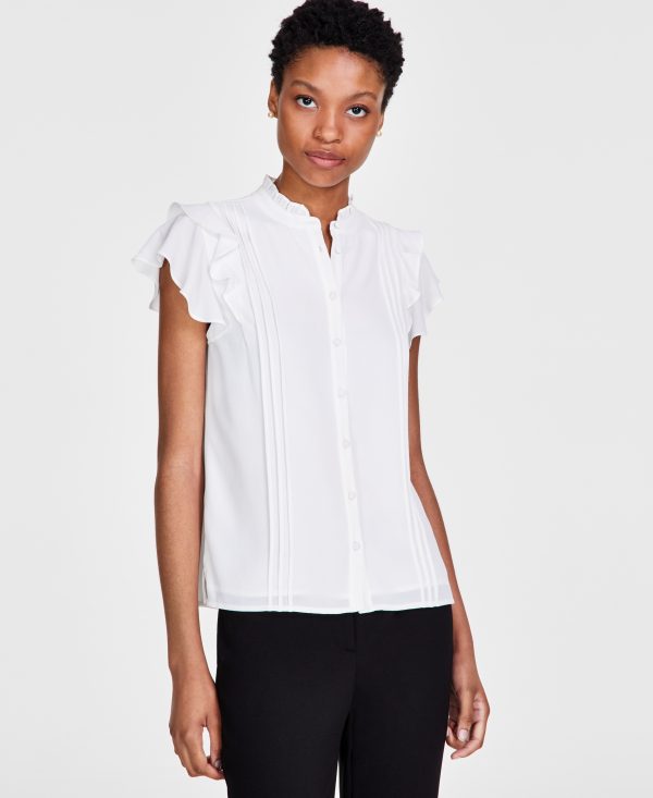 CeCe Women's Short Sleeve Pin-tuck Ruffled Button-up Blouse - Soft Ecru