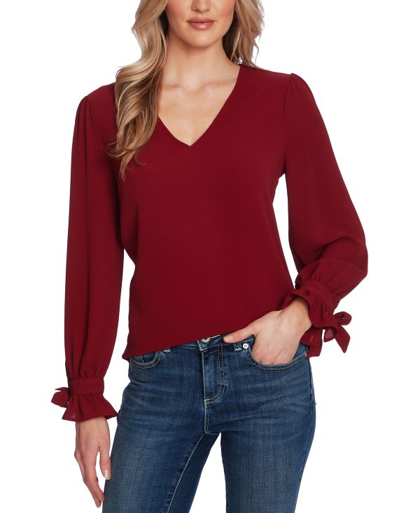 CeCe Women's Solid Long Sleeve V-Neck Tie-Cuff Blouse - Claret Red