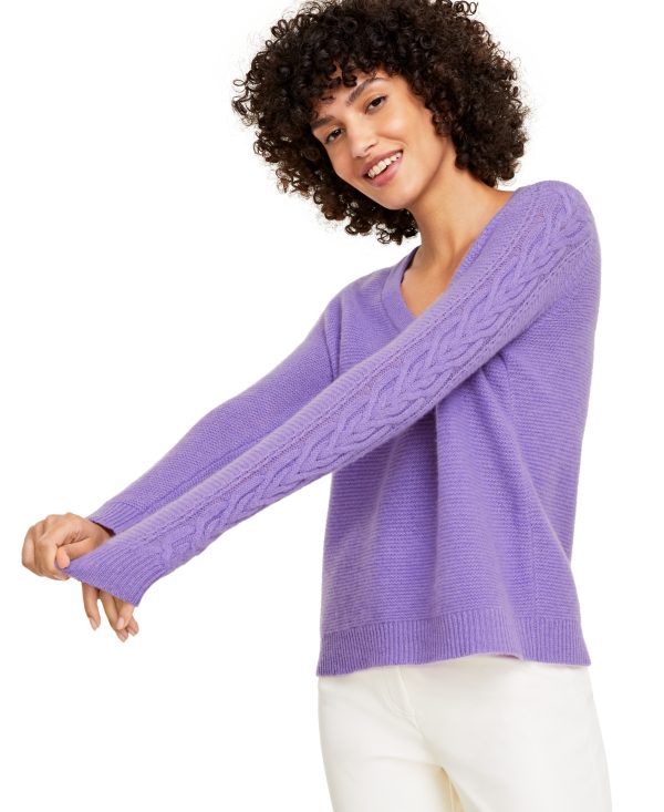 Charter Club Women's 100% Cashmere Cable-Knit-Sleeve Sweater, Created for Macy's - Lavender Tulip