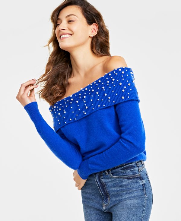 Charter Club Women's 100% Cashmere Embellished Off-The-Shoulder Sweater, Created for Macy's - Bright Blue