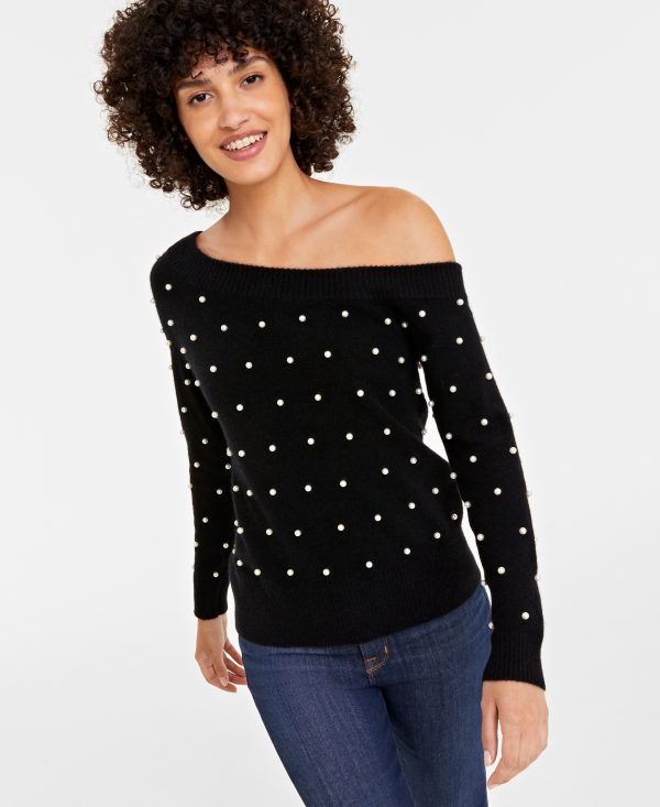 Charter Club Women's 100% Cashmere Embellished One-Shoulder Sweater, Created for Macy's - Classic Black