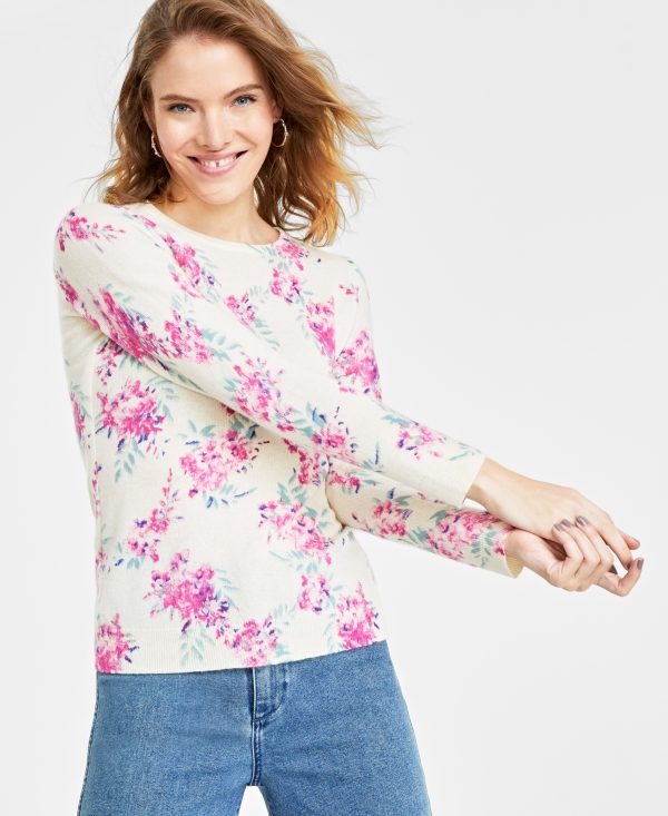 Charter Club Women's 100% Cashmere Floral Crewneck Sweater, Created for Macy's - Bianco Crema Combo