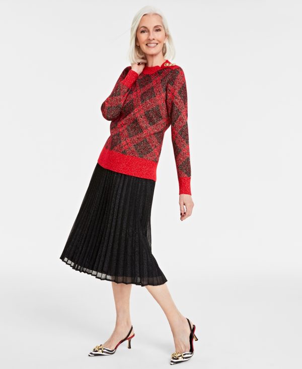Charter Club Women's 100% Cashmere Metallic Plaid Sweater, Created for Macy's - Calypso Red Combo