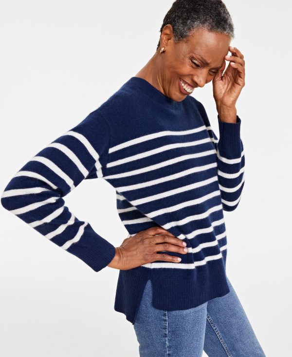 Charter Club Women's 100% Cashmere Striped Drop-Hem Sweater, Created for Macy's - Admiral Navy Combo