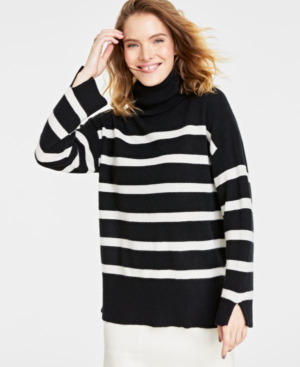 Charter Club Women's 100% Cashmere Striped Turtleneck Split-Cuff Sweater, Created for Macy's - Classic Black Combo