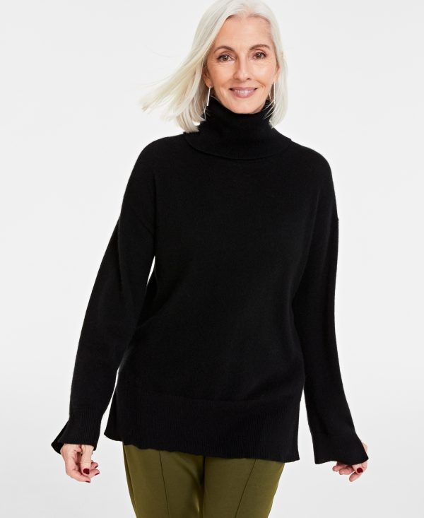 Charter Club Women's 100% Cashmere Turtleneck Split-Hem Sweater, Created for Macy's - Classic Black