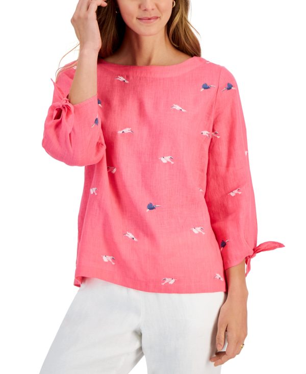 Charter Club Women's 100% Linen Flight Pattern Embroidered Blouse, Created for Macy's - Foxy Pink Combo