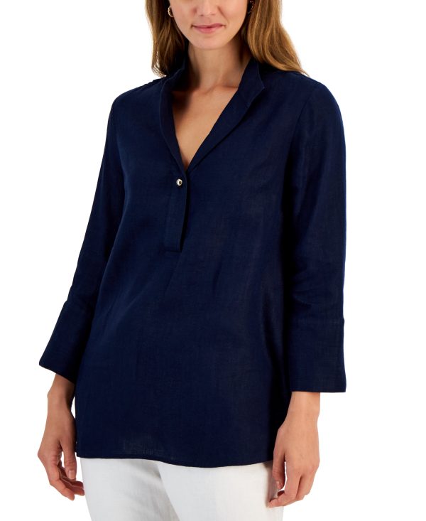 Charter Club Women's 100% Linen Solid-Color Popover Blouse, Created for Macy's - Intrepid Blue