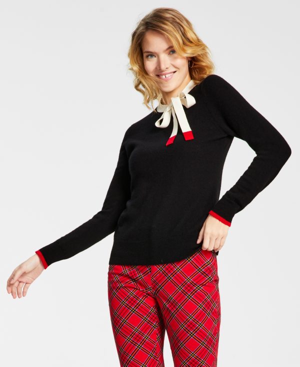 Charter Club Women's Bow Detail 100% Cashmere Sweater, Created for Macy's - Classic Black