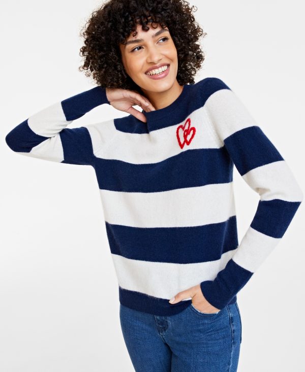 Charter Club Women's Wispy Heart Striped 100% Cashmere Sweater, Created for Macy's - Admiral Navy Combo